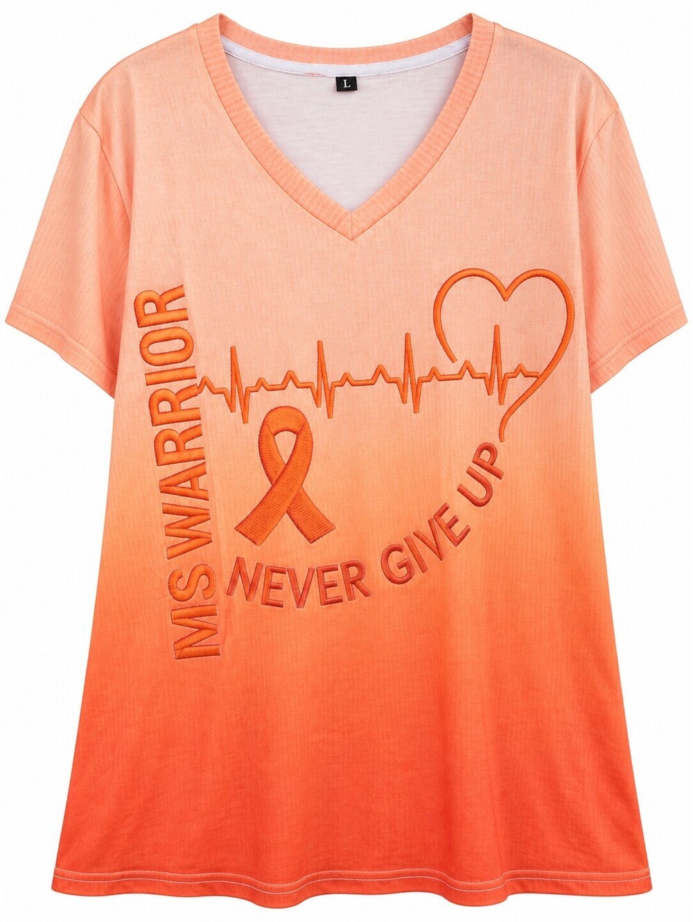 MS Warrior Never Give Up Orange Ombre V-Neck T-Shirt Size L